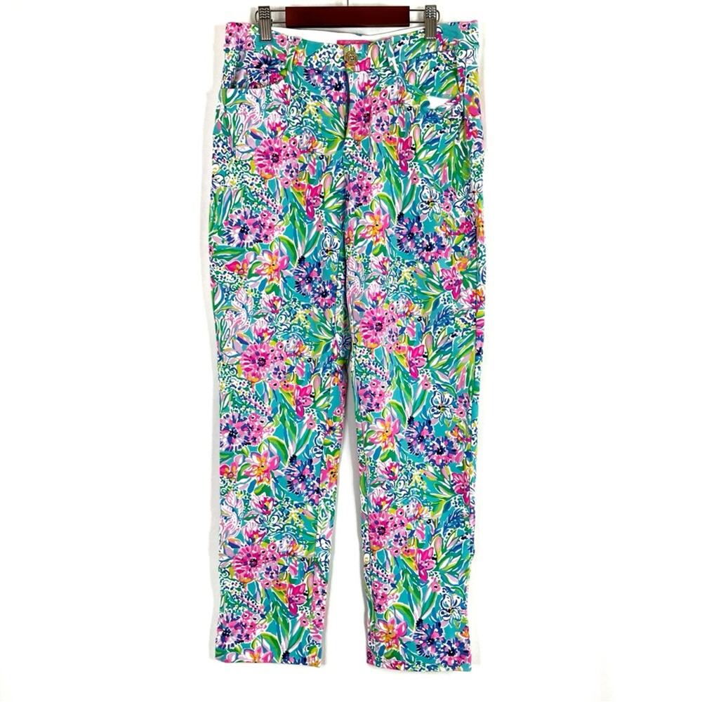 Lilly Pulitzer Bright Colorful Floral Print Pants Stretchy Rayon Blend Womens 6